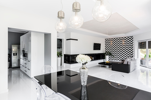 Shot of a stylish black and white living room