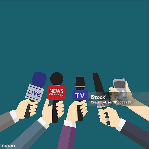 Set Of Hands Holding Microphones And Digital Voice Recorder Stock Illustration - Download Image Now