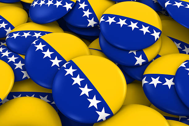 pile of bosnian and herzegovinan flag buttons 3d illustration - bosnia herzegovinan imagens e fotografias de stock