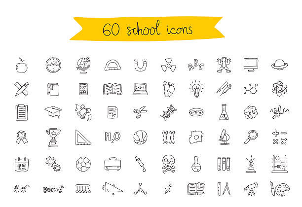набор из 60 школьных иконок - science book glass document stock illustrations