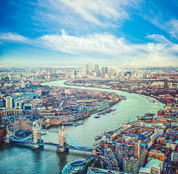 city of london skyline - london england aerial view skyscraper mid air стоковые фото и изображения