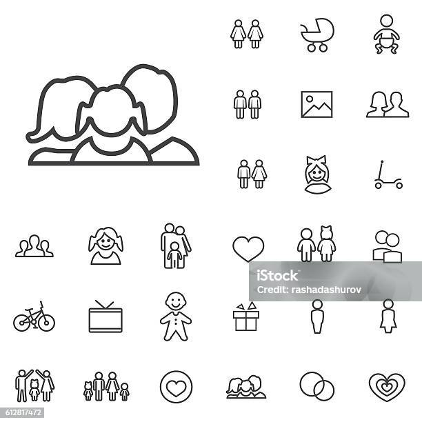 Family Outline Thin Flat Digital Icon Set Stock Illustration - Download Image Now - Parent, Black Color, Family