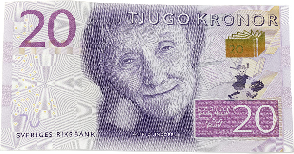 New layout 2015 of the swedish SEK 20 bank note (isolated),  with the famous writer Astrid Lindgren