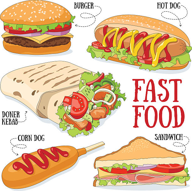 ilustraciones, imágenes clip art, dibujos animados e iconos de stock de comida rápida  - hamburger refreshment hot dog bun