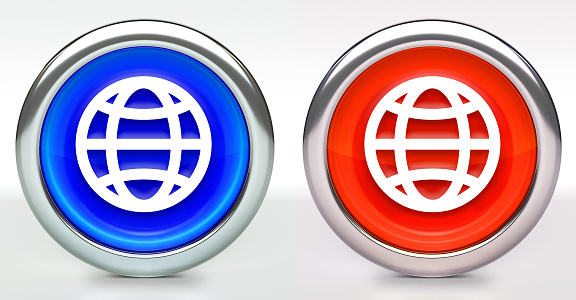 Globe Icon on Button with Metallic Rim. The icon comes in two versions blue and red and has a shiny metallic rim. The buttons have a slight shadow and are on a white background. The modern look of the buttons is very clean and will work perfectly for websites and mobile aps.