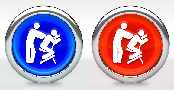 Massage Icon on Button with Metallic Rim. The icon comes in two versions blue and red and has a shiny metallic rim. The buttons have a slight shadow and are on a white background. The modern look of the buttons is very clean and will work perfectly for websites and mobile aps.