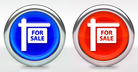 For Sale Sign Icon on Button with Metallic Rim. The icon comes in two versions blue and red and has a shiny metallic rim. The buttons have a slight shadow and are on a white background. The modern look of the buttons is very clean and will work perfectly for websites and mobile aps.