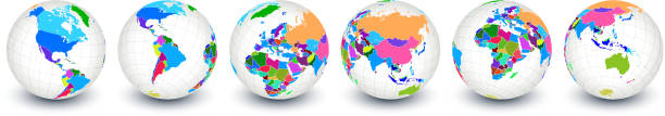 Globe royalty free vector interface icon set World Map Globe interface icon Set Royalty free vector art. This vector illustration is featuring world map globes arranged in a row. Each globe captures an accurate position of Earth’s rotation. World map with continents of North America, South America, Europe, Asia, Australia and Africa. Icon download includes vector art and jpg file. rotating earth 3d stock illustrations