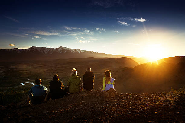 istock Group of friends on mountains background 612820788