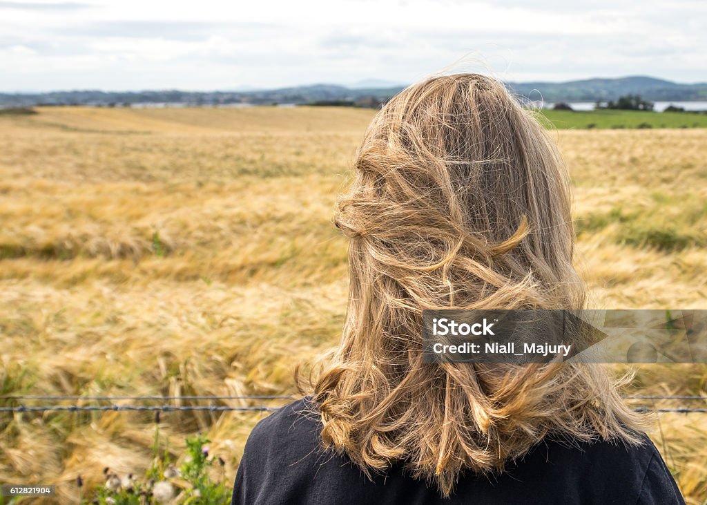 Back of teenager's head, looking over straw-colored field Back of head of young woman / teenager, straw colored hair, looking over field of cereal crop. Back Of Head Stock Photo
