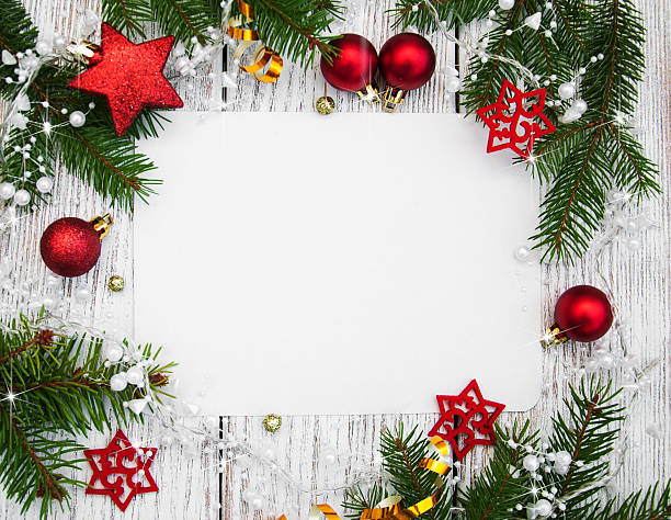 christmas background - blank paper with decoration christmas background -  decorations  and fir branch on a wooden table pinaceae photos stock pictures, royalty-free photos & images