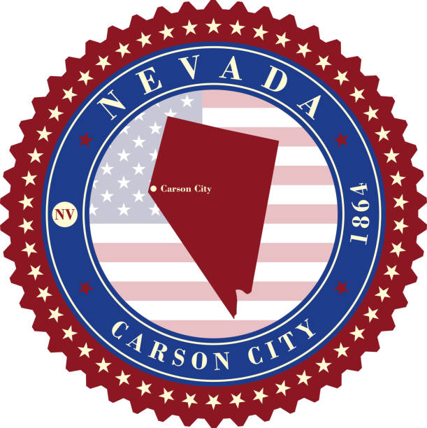 Label sticker cards of State Nevada USA. Stylized badge with the name of the State, year of creation, the contour maps and the names abbreviations.