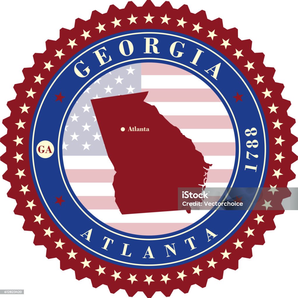 Label sticker cards of State Georgia USA Label sticker cards of State Georgia USA. Stylized badge with the name of the State, year of creation, the contour maps and the names abbreviations. Border - Frame stock vector