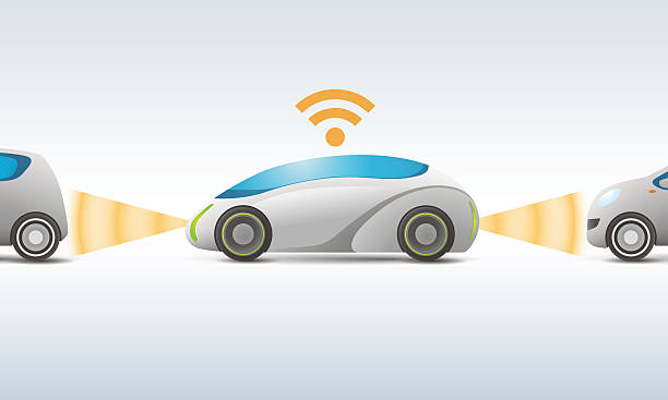 ilustraciones, imágenes clip art, dibujos animados e iconos de stock de coche futurista con detección y comunicación, ilustración vectorial - coche del futuro