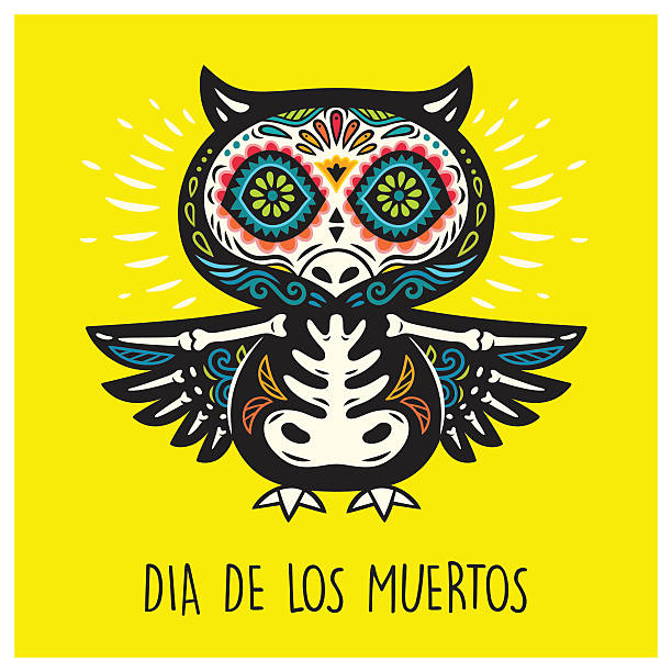 Dia De Los Muertos. Greeting card with sugar skull owls. - ilustração de arte vetorial