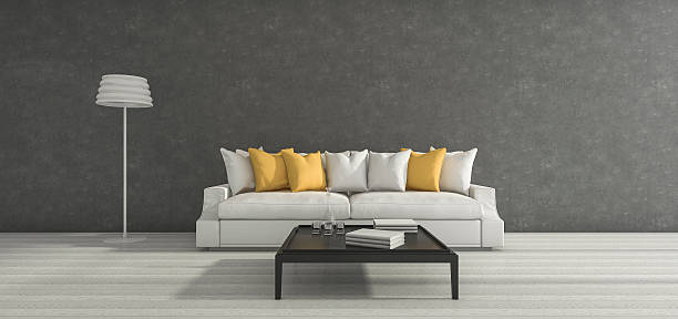 istock 3d rendering wide minimal loft grey room with yellow sofa 612825136