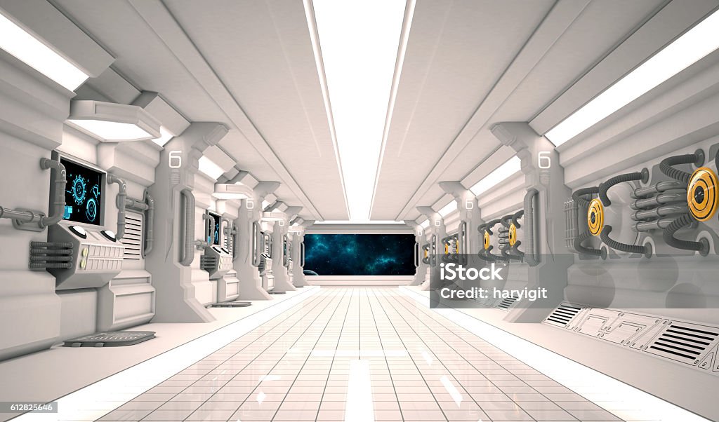Intérieur de vaisseau spatial design futuriste avec plancher métallique et panneaux lumineux. - Photo de Prise de vue en intérieur libre de droits