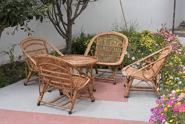 istock Rattan chair set in the garden 612828592