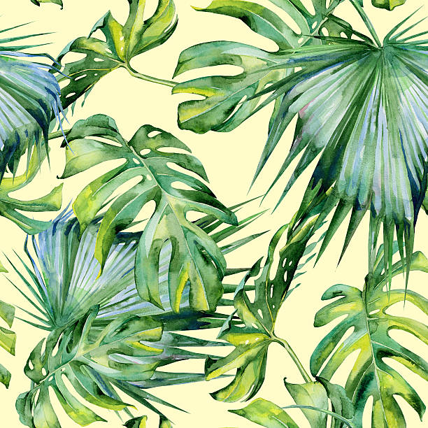 istock Seamless watercolor illustration of tropical leaves, dense jungle 612828612