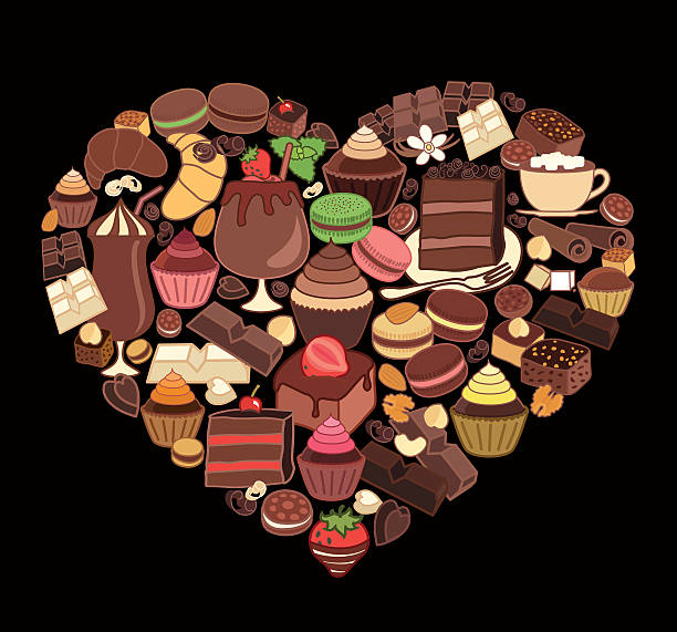 illustrazioni stock, clip art, cartoni animati e icone di tendenza di dolci al cioccolato a forma di cuore. - cookie chocolate cake gourmet dessert