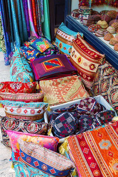 istock Colorful turkish fabric samples on the market. 612836002