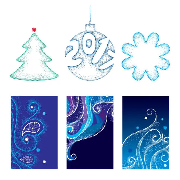 Vector illustration of Vector Merry Christmas set in dotwork with snowflake, spruce, ball,