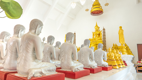 Kanchaburi, Thailand - September 24, 2016: Detail of Buddhas statues decorating the Buddhist temple  in Wat Hin Thaen Lamphachi temple (Temple public) . Kanchanaburi ,Thailand