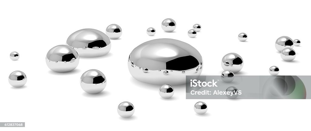 Many mercury (Hg) metal drops closeup Many shiny mercury (Hg) metal drops and droplets of toxic mercury chemical element metal liquid isolated on white background closeup view, 3d illustration Mercury - Metal Stock Photo