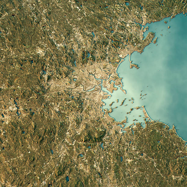 boston topographic map natural color top view - massachusetts bay imagens e fotografias de stock