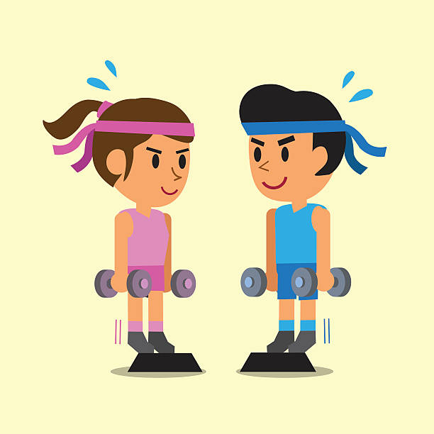 ilustraciones, imágenes clip art, dibujos animados e iconos de stock de hombre y mujer de dibujos animados haciendo ejercicio de cría de mancuernas de pie - sport couple isolated muscular build