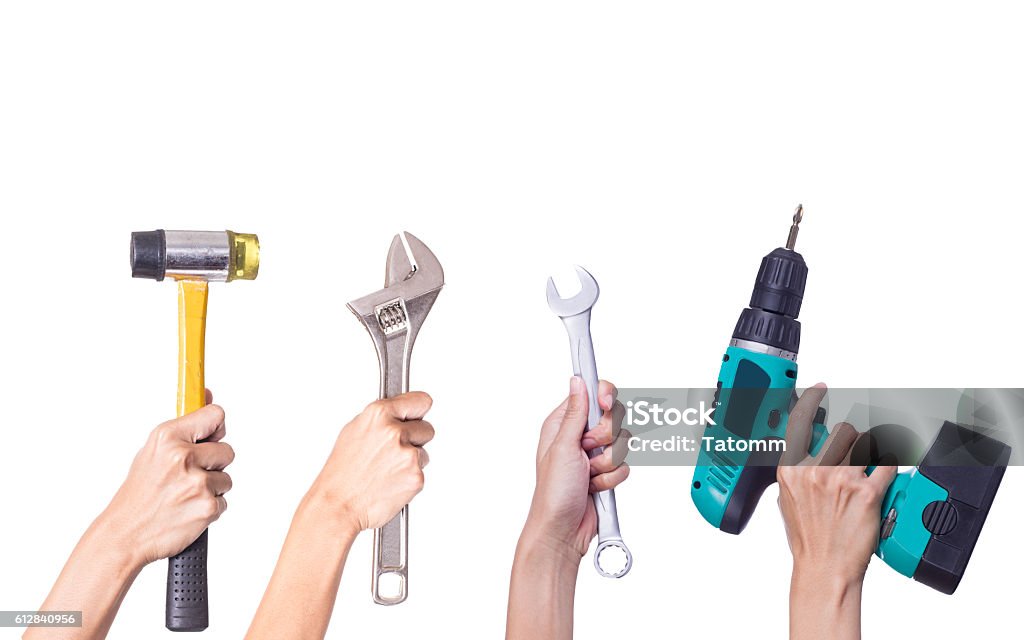 Hand with tools isolated on white background Work Tool Stock Photo