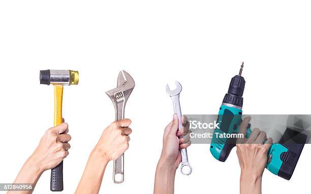 Hand With Tools Isolated On White Background Stock Photo - Download Image Now - Work Tool, Wrench, Drill