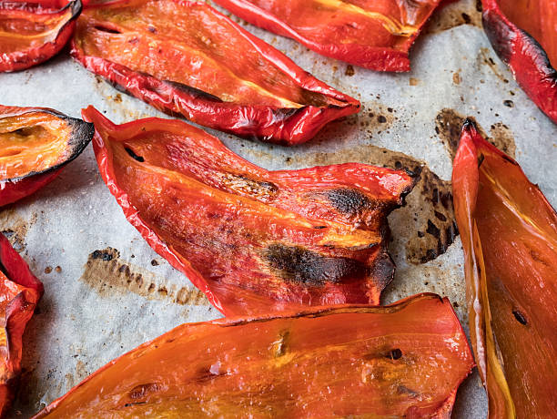 Grilled shiny peppers top view - fotografia de stock