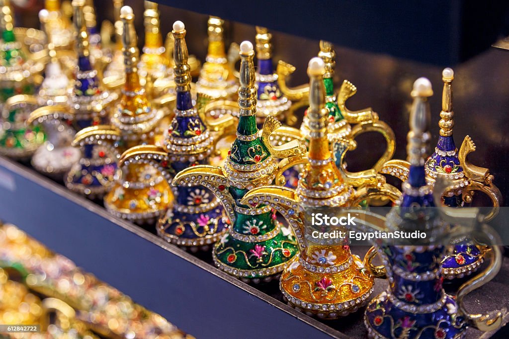 Golden arabic Coffee pot in grand bazaar. Arabic Style Stock Photo