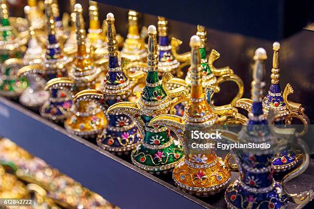 Golden Arabic Coffee Pot In Grand Bazaar Stock Photo - Download Image Now - Arabic Style, Celebration, Coffee - Drink