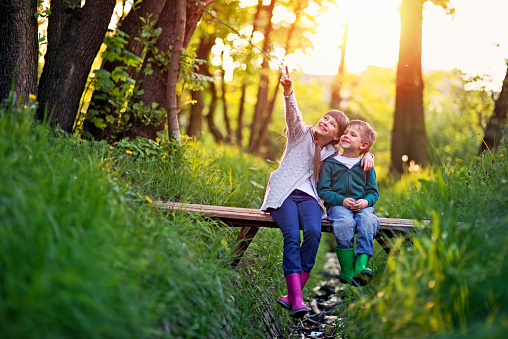 Little boy aged 5 and his elder sister aged 9 are sitting on the small bridge in the forest. They are enjoying beautiful nature and the sunset, smiling happily. 