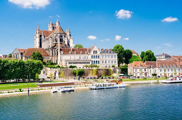 The Cathedrale Saint-Etienne at Auxerre in the Burgundy region of France from across the River Yonne.