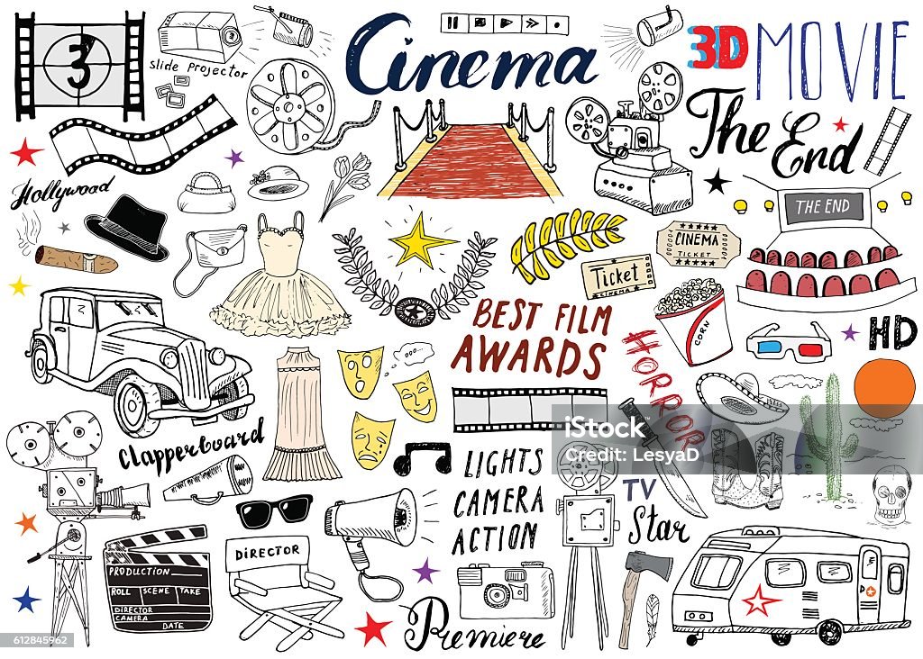 Cinema and Film Industry Set. Hand Drawn Sketch, Vector Illustration. Cinema and Film Industry Set. Hand Drawn Sketch, Vector Illustration Movie stock vector