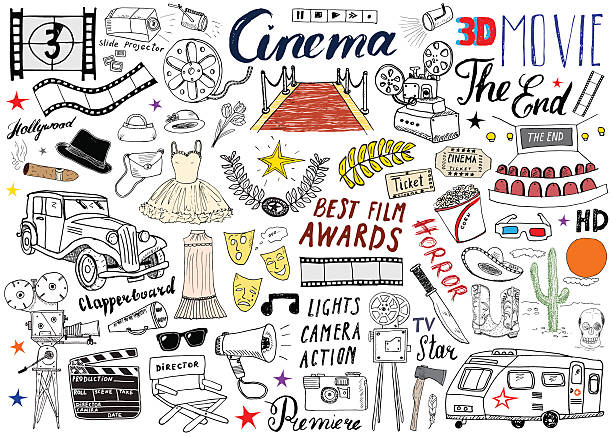 Cinema and Film Industry Set. Hand Drawn Sketch, Vector Illustration. Cinema and Film Industry Set. Hand Drawn Sketch, Vector Illustration movie drawings stock illustrations