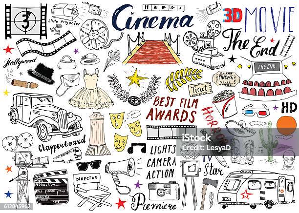 Cinema And Film Industry Set Hand Drawn Sketch Vector Illustration Stock Illustration - Download Image Now