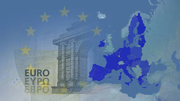Eurozone in after 2017 version. Uk no longer mender EU The dark blue countries  are the eurozone members with the euro as their currency. the lighter blue ones are in the union but without the euro. In the backdrop is the small 5 euro note. Luxembourg in yellow