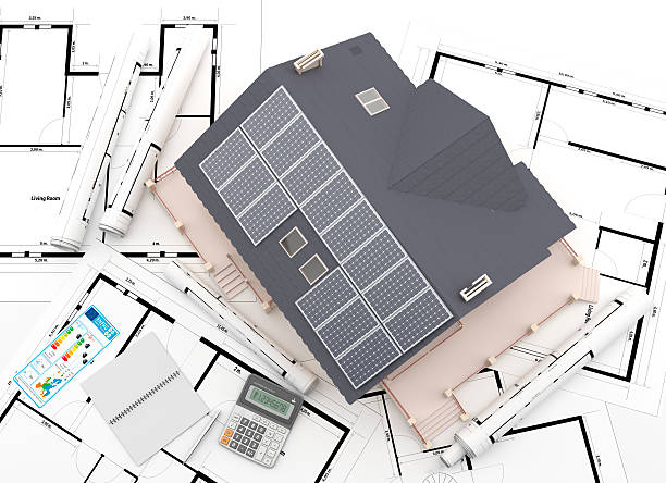 ソーラーパネル付きの家の頭上の景色。 - house diagram ストックフォトと画像