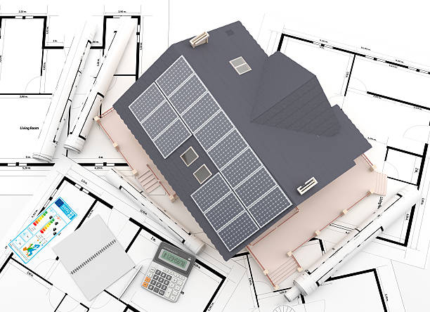 Overhead view of the house with solar panels.