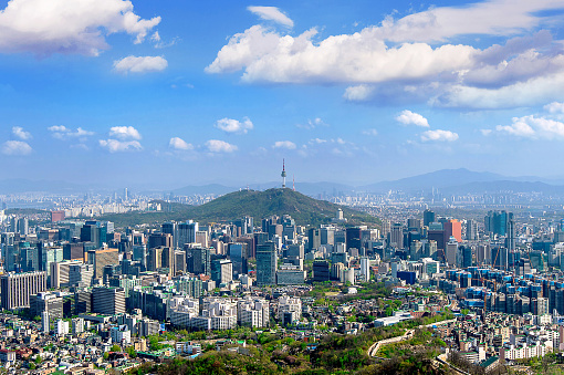 View of downtown cityscape and Seoul tower in Seoul, South Korea.