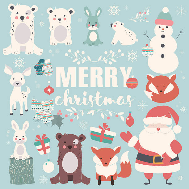 коллекция рождественских животных, надписей и деда мороза, с рождеством христовым - детёныш stock illustrations