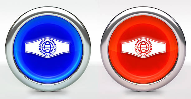 Boxing Belt Icon on Button with Metallic Rim. The icon comes in two versions blue and red and has a shiny metallic rim. The buttons have a slight shadow and are on a white background. The modern look of the buttons is very clean and will work perfectly for websites and mobile aps.