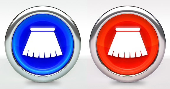 Skirt Icon on Button with Metallic Rim. The icon comes in two versions blue and red and has a shiny metallic rim. The buttons have a slight shadow and are on a white background. The modern look of the buttons is very clean and will work perfectly for websites and mobile aps.