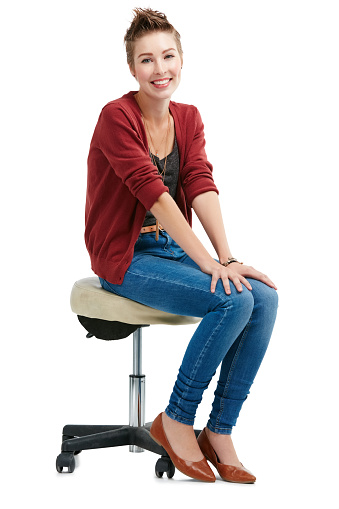 front view of same woman various poses sitting on chair on white background