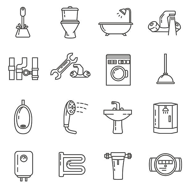 illustrazioni stock, clip art, cartoni animati e icone di tendenza di set di icone di linea sottile idraulica. bagno e servizi igienici - boiler water heater symbol repairing