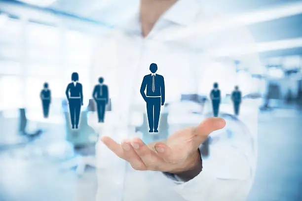 Human resources pool, customer care, care for employees, labor union, life insurance, employment agency and marketing segmentation concepts. Gesture of businessman or personnel and icons representing group of people. Double exposure with office in background.